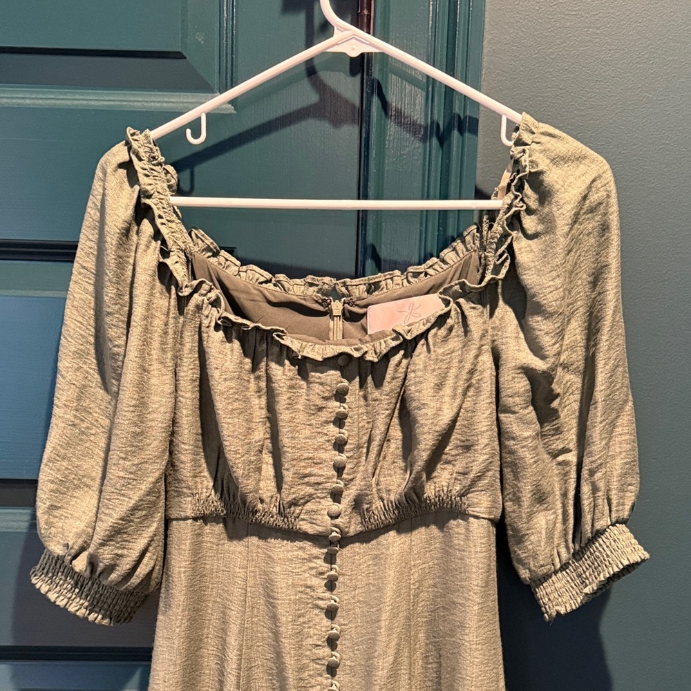 Gal Meets Glam Sage Green Maxi Dress with Ruffle Neckline